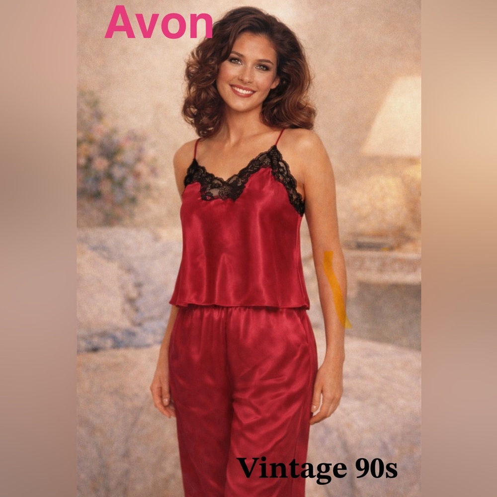 VTG Early 90s Avon Red Satin Capri Pajama Set Black Lace, Size S
